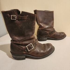 Frye Engineer Moto Biker Leather Boots Womens 7.5M Brown Buckle Strap USA 774001